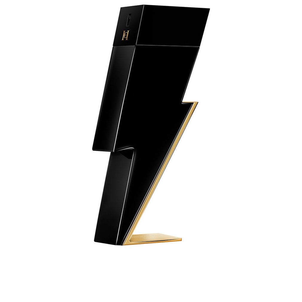 Schwarzer Flakon in Blitzform mit goldfarbenem Sockel. Kleines Logo. Steht aufrecht.