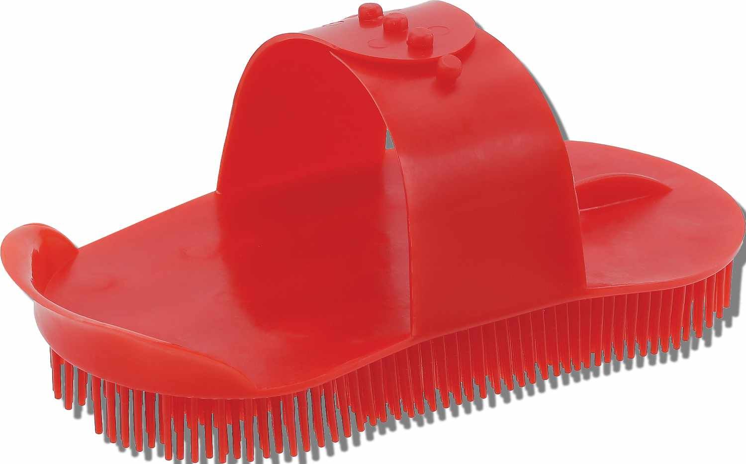Rote Pferdebürste mit Griff. Rechteckige Form mit Borsten. Griff mit drei Noppen.