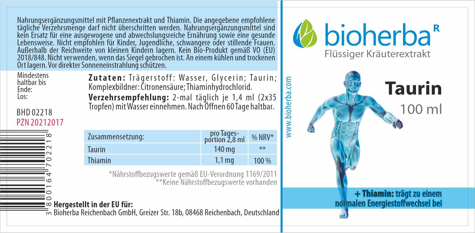 Etikett mit Produktinformationen. Bioherba Taurin Tinktur, 100 ml. Enthält Taurin und Thiamin. Hersteller: Bioherba Reichenbach GmbH.