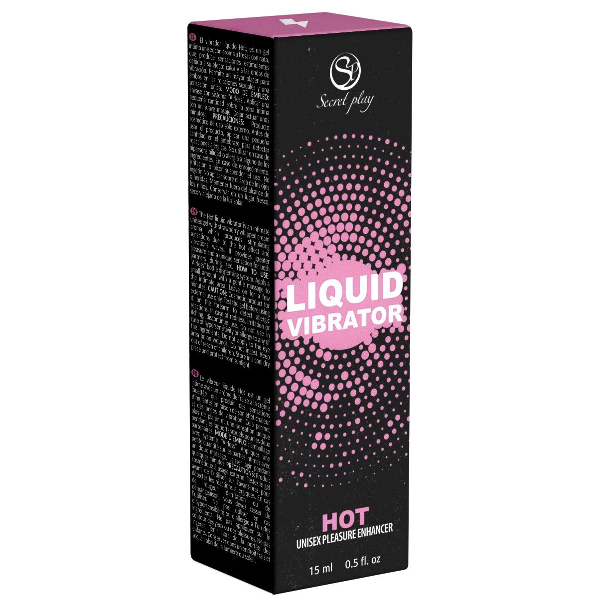 Schwarze Verpackung mit pinkem Muster und Text 'Liquid Vibrator Hot'. Produktinformationen auf der Verpackung.