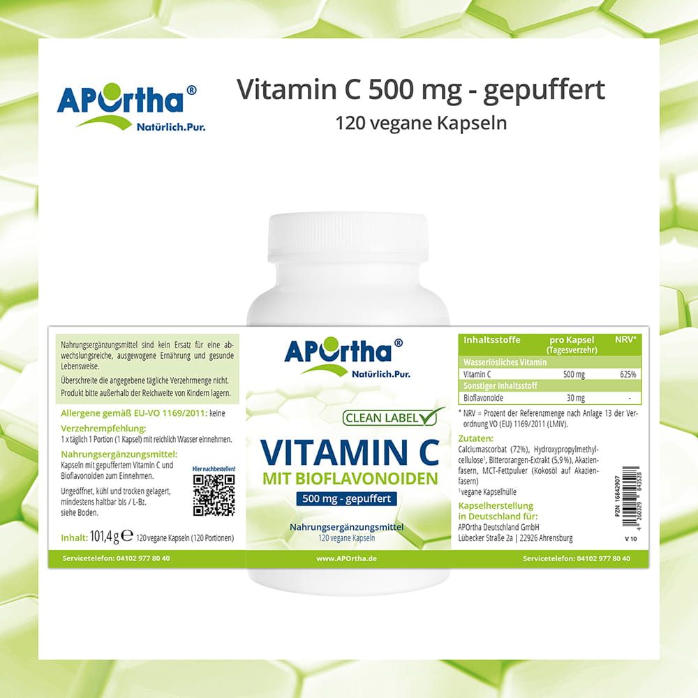 Weiße Flasche mit Etikett: Vitamin C mit Bioflavonoiden, 120 Kapseln. Nährwertangaben und Inhaltsstoffe. Clean Label.