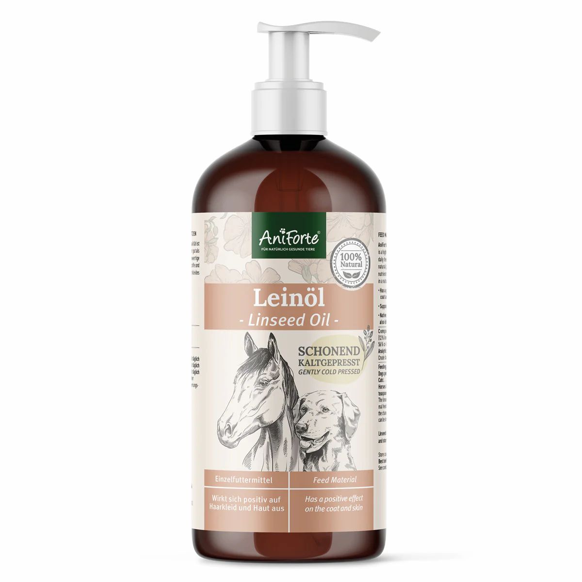 Braune Flasche mit Pumpe. Leinöl-Etikett mit Pferd und Hund. Text: AniForte, Leinöl, schonend kaltgepresst.