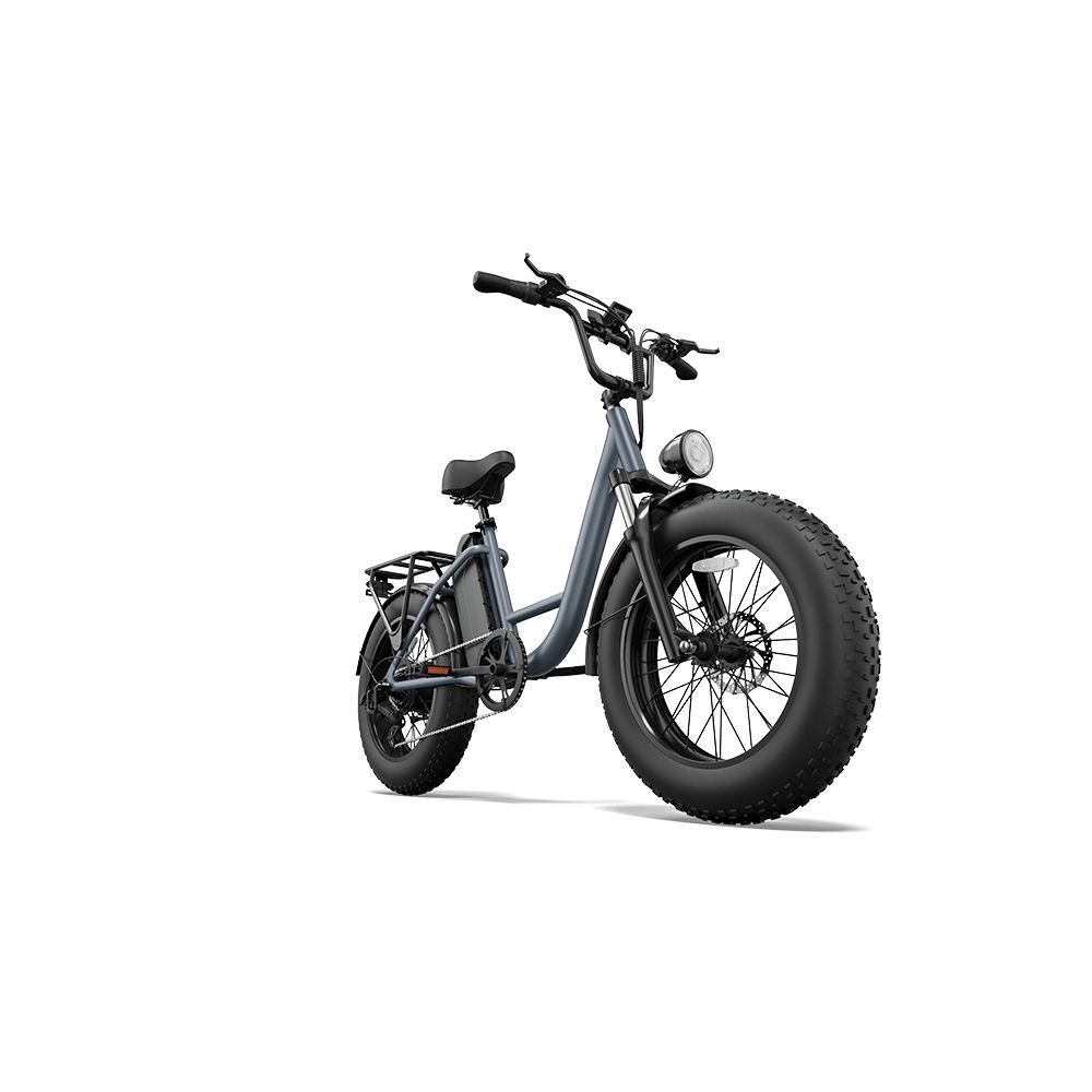 Graues Elektrofahrrad mit breiten Reifen, Gepäckträger und Scheinwerfer. Ansicht von der Seite.