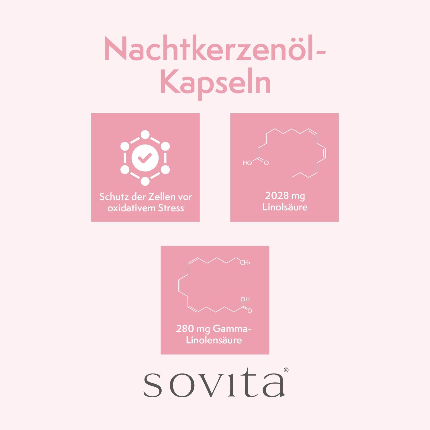 Grafik mit Text: Nachtkerzenöl-Kapseln, Schutz vor oxidativem Stress, 2028 mg Linolsäure, 280 mg Gamma-Linolensäure. Marke: sovita.