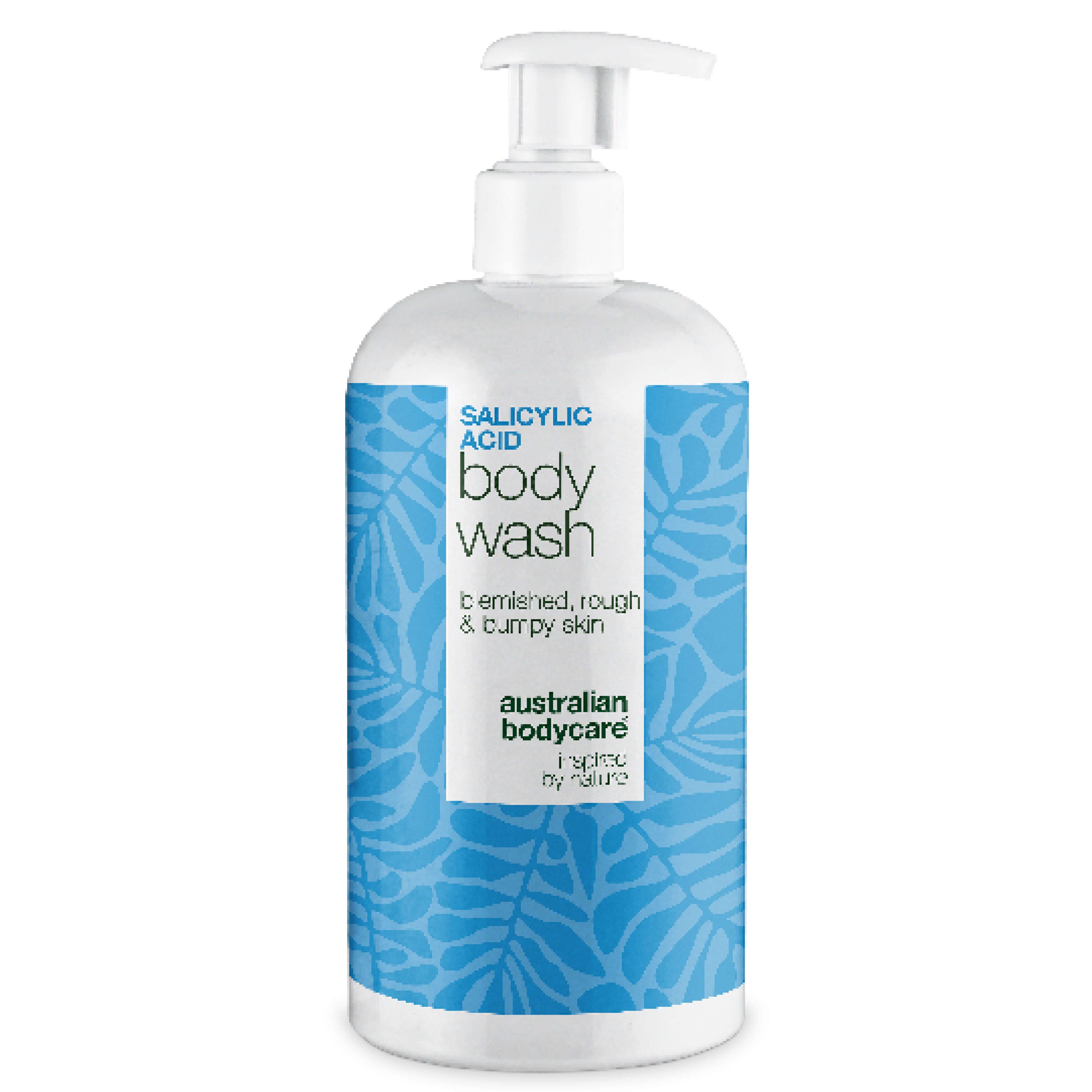 Weißer Spender mit blauem Etikett. Aufschrift: Salicylsäure Body Wash. Text: für unreine, raue und unebene Haut. Marke: Australian Bodycare.