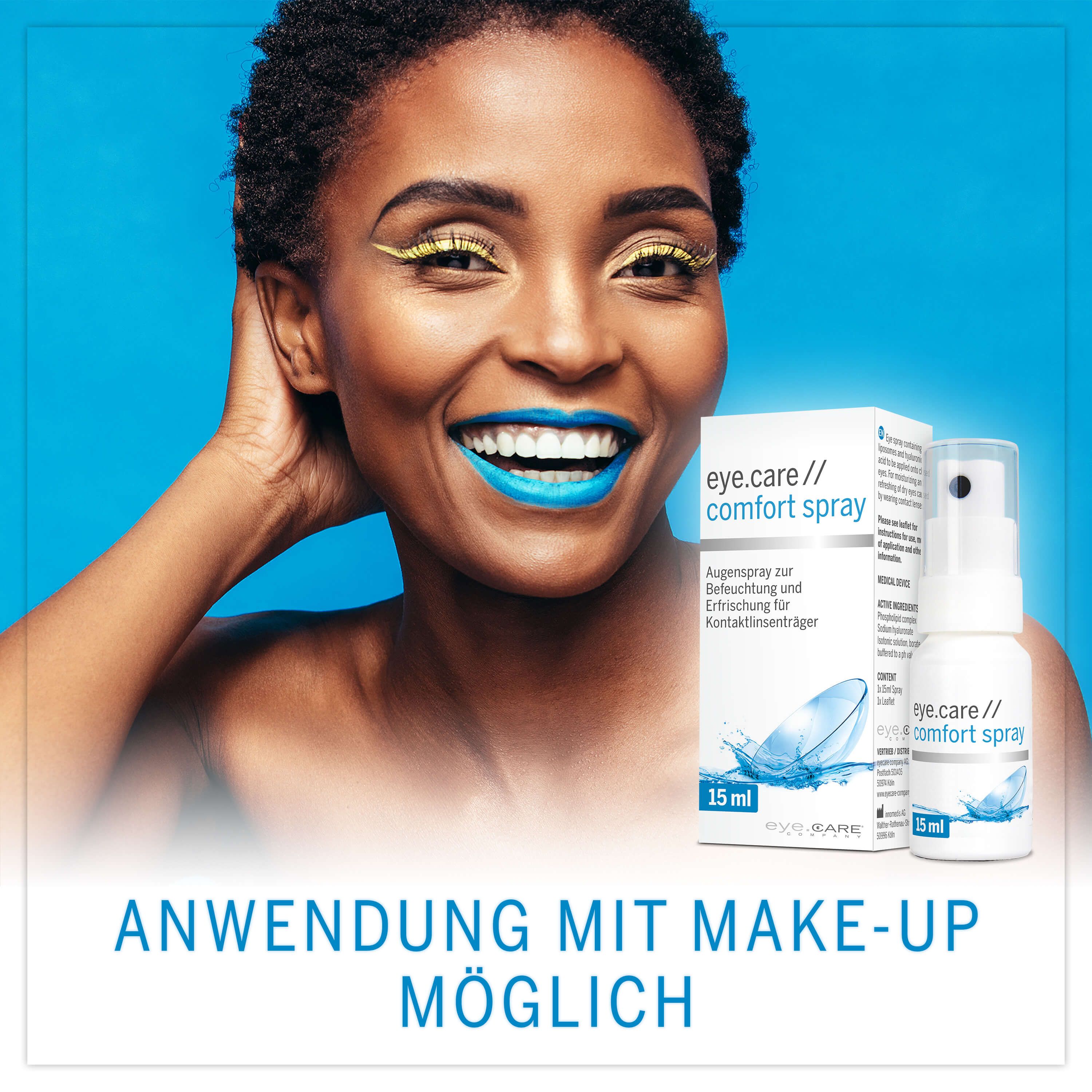 Produkt: eye.care // comfort spray, mit Verpackung. Frau mit Make-up. Text: Anwendung mit Make-up möglich.