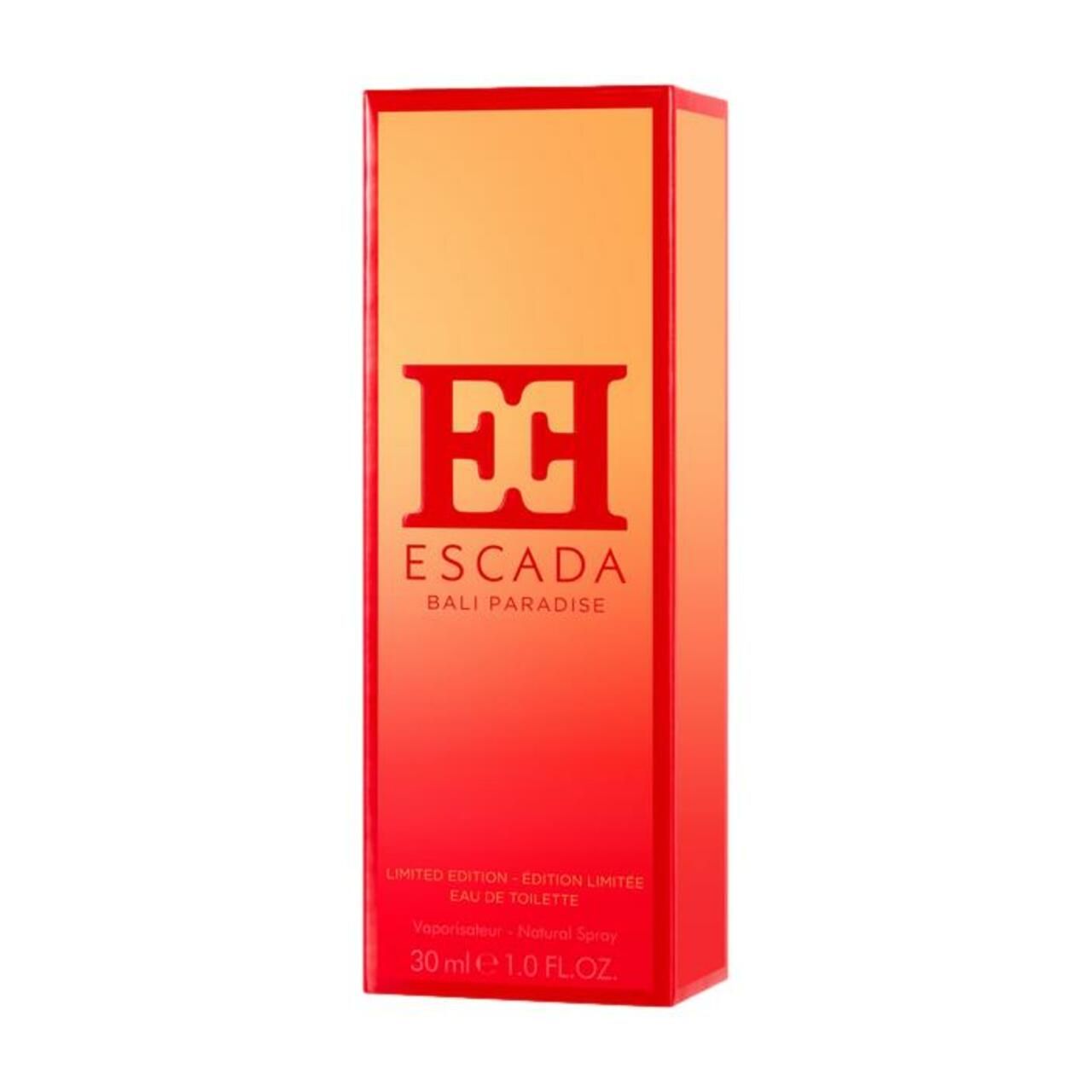 Rote Verpackung mit Aufschrift: ESCADA BALI PARADISE. Text: LIMITED EDITION. 30 ml.