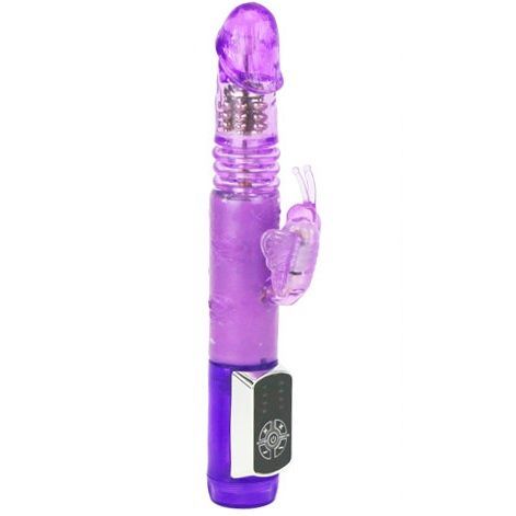 Lila Vibrator mit Schmetterling-Aufsatz und Steuerung. Mit geriffelter Oberfläche und Steuerung.
