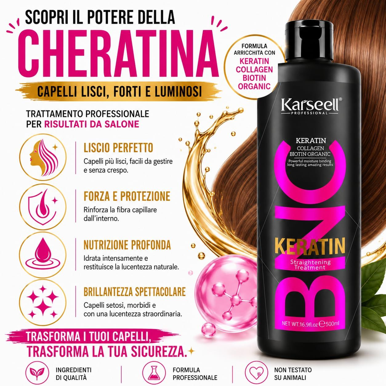 Schwarze Flasche mit Karseell Keratin Glättungsbehandlung, 500ml.