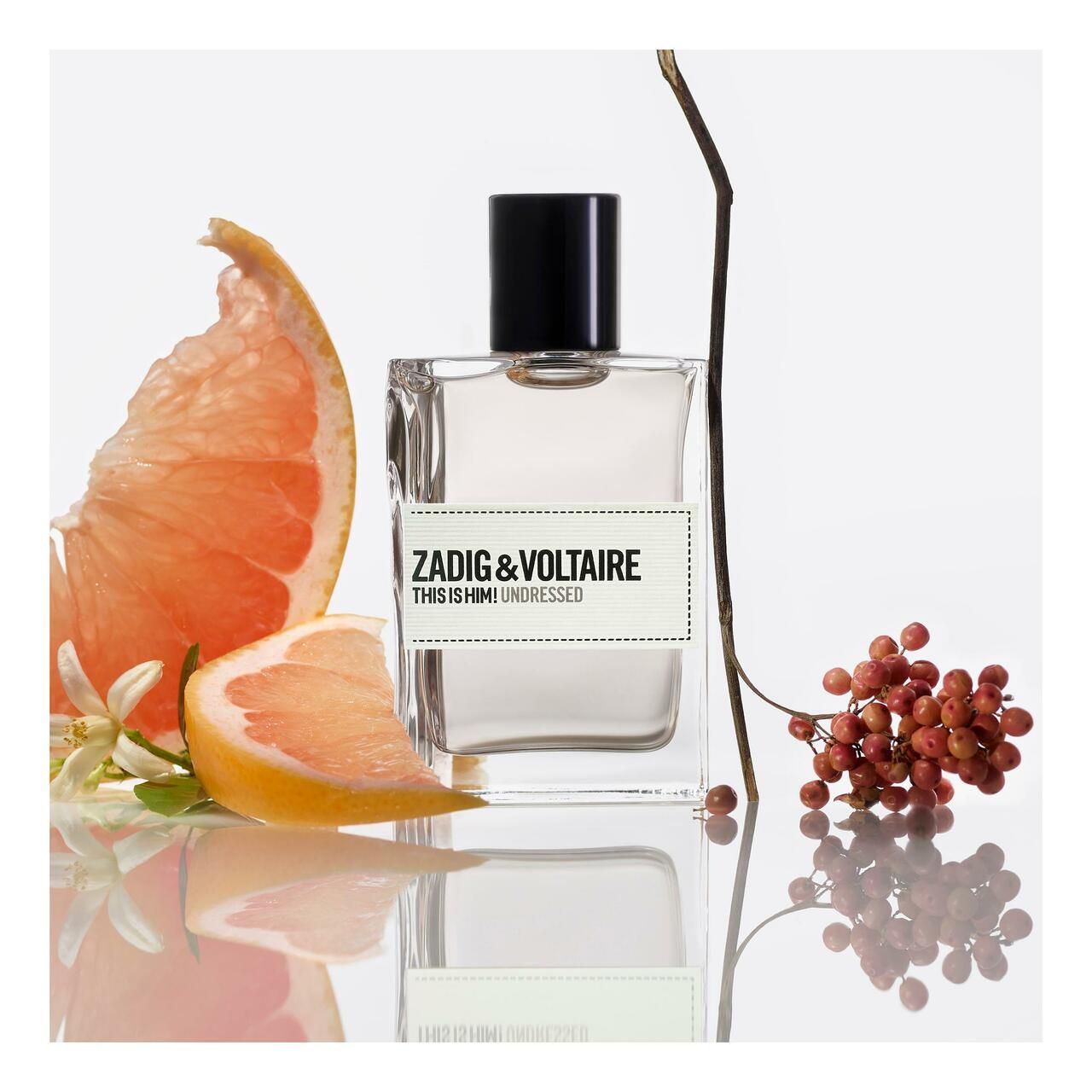 Glasflakon mit schwarzem Verschluss, neben Grapefruit, Blüten und Zweig. Etikett: "ZADIG & VOLTAIRE THIS IS HIM! UNDRESSED".