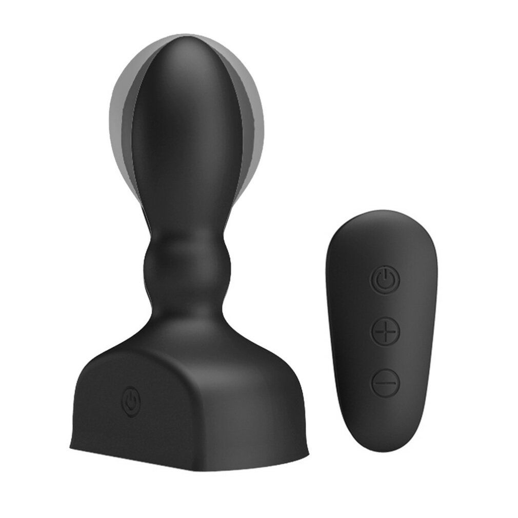 Schwarzer, aufblasbarer Butt Plug mit Fernbedienung. Der Plug hat eine ovale Form und einen breiten Sockel. Die Fernbedienung hat drei Knöpfe.