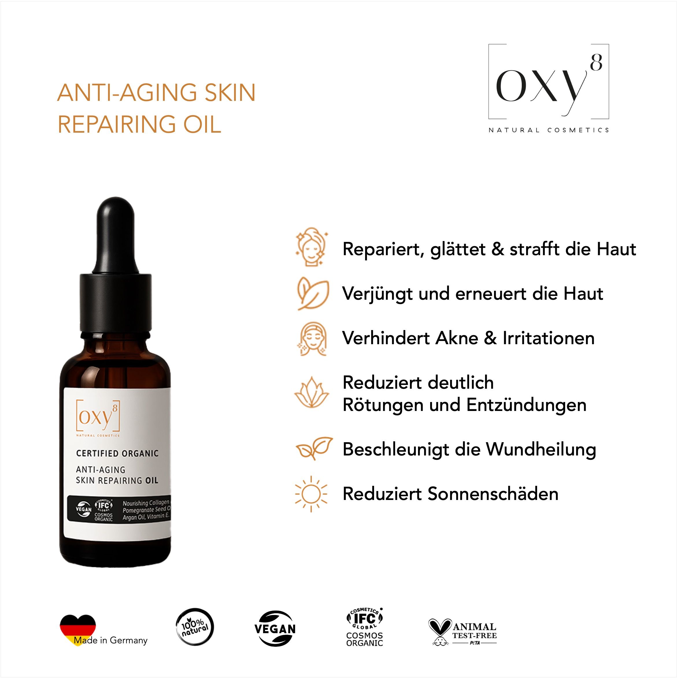 Produktflasche mit Text und Icons. Text: "ANTI-AGING SKIN REPAIRING OIL". Icons: Haut, Blatt, Sonne, etc.