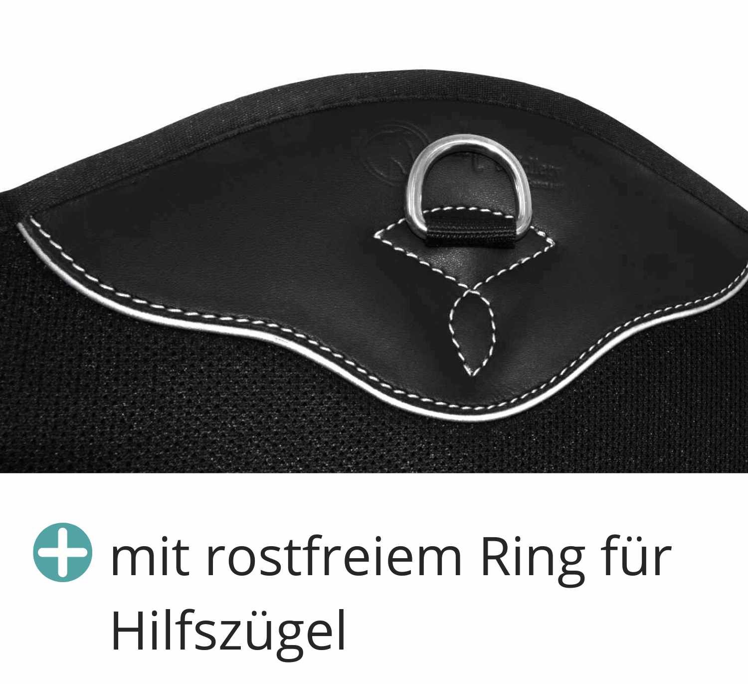 Detailansicht Dressurgurt mit rostfreiem Ring für Hilfszügel. Schwarzes Leder, weiße Naht.