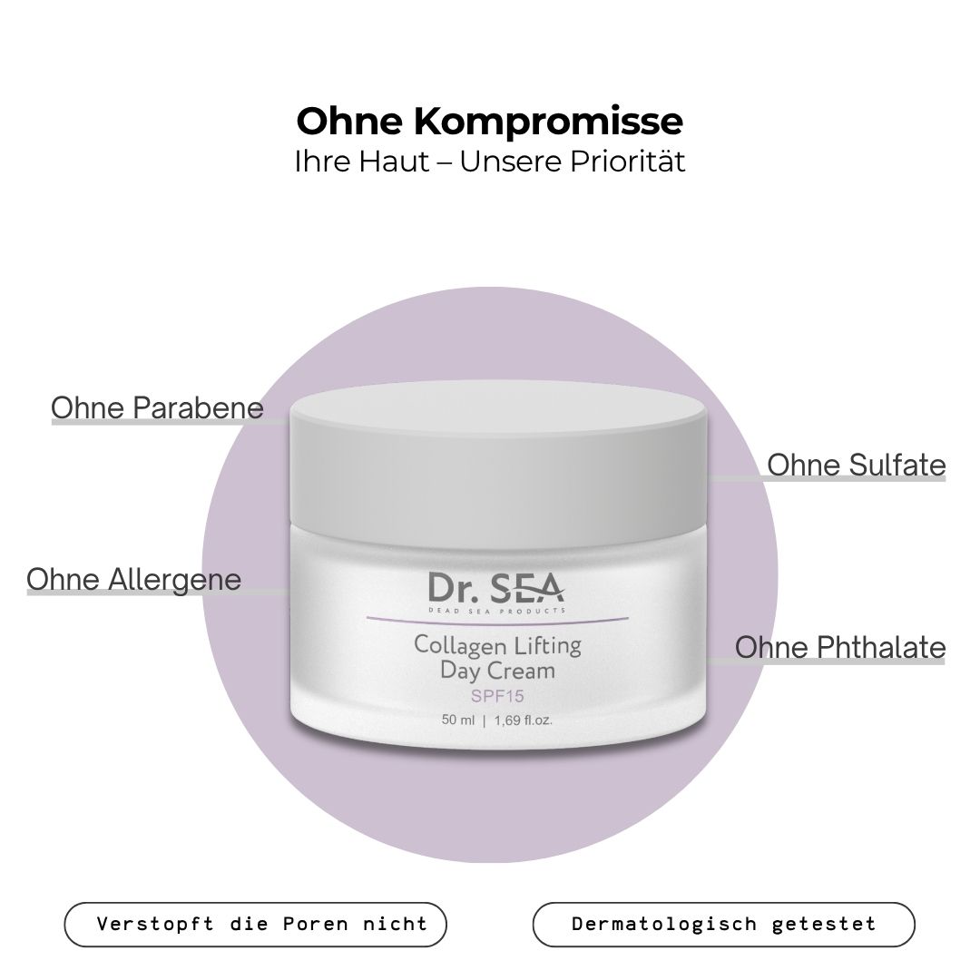 Creme-Tiegel. Text: Ohne Kompromisse. Ohne Parabene, Sulfate, Allergene, Phthalate. Dermatologisch getestet.
