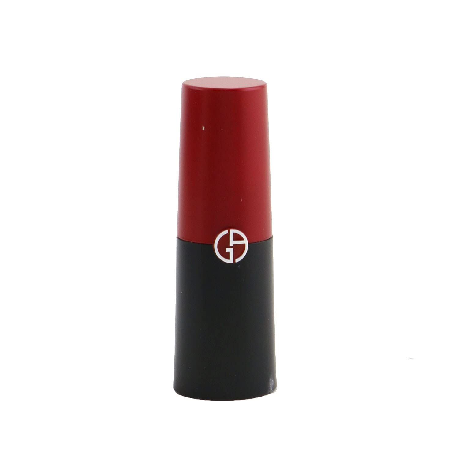 Geschlossener Lippenstift mit schwarzem Gehäuse und roter Kappe. Logo auf dem Gehäuse.