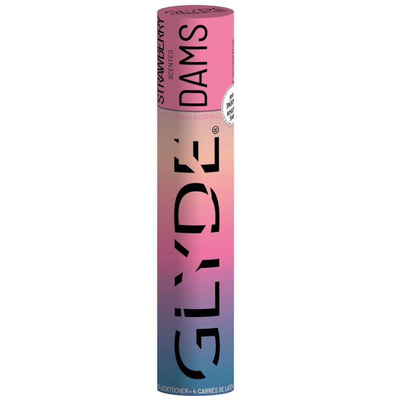 Zylindrische Verpackung von Glyde Dams. Aufschrift: STRAWBERRY SCENTED DAMS. 4 Stück. Rosa und farbverlauf.