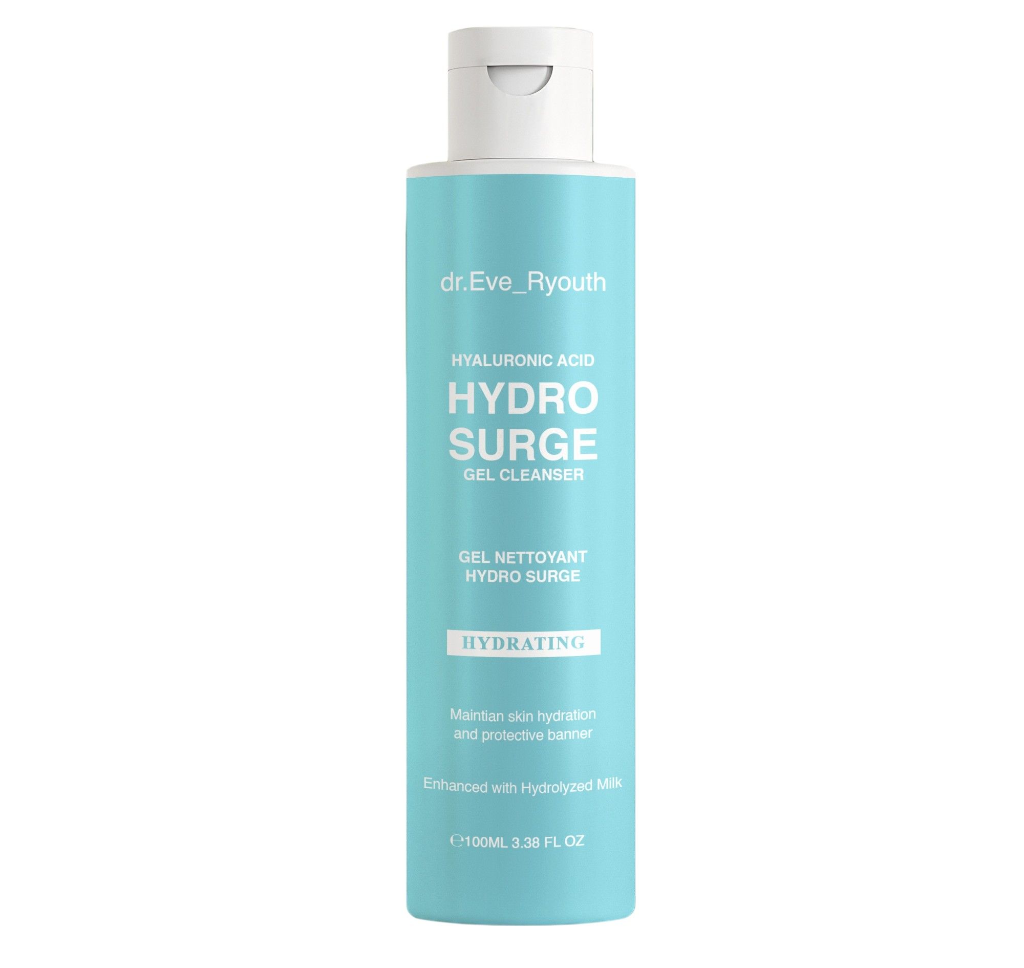 Hellblaue Flasche mit weißem Deckel. Beschriftung: HYDRO SURGE GEL CLEANSER, HYDRATING. Marke: dr.Eve_Ryouth.