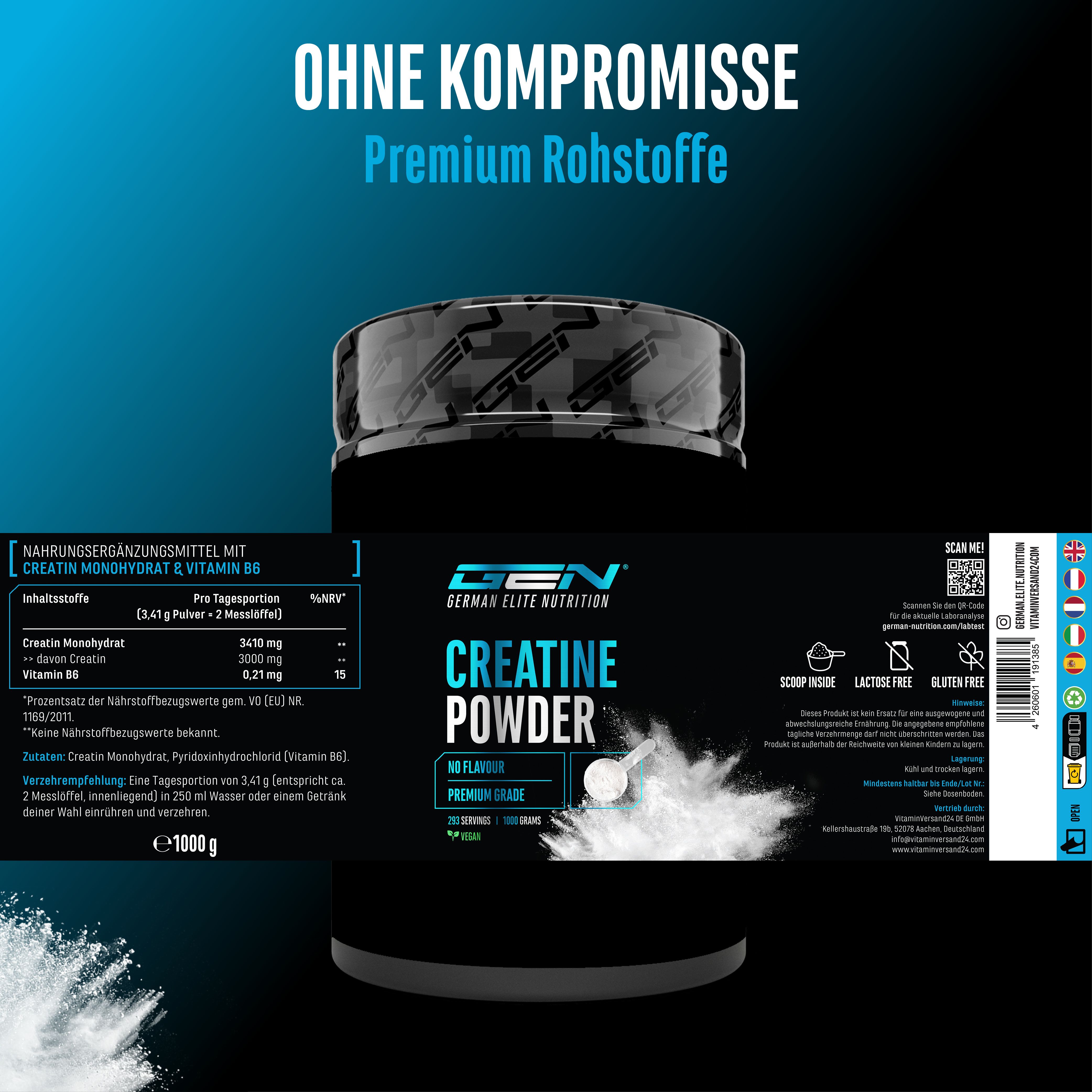 Schwarze Dose GEN Creatin Monohydrat Pulver. Enthält Informationen zu Inhaltsstoffen, Dosierung und Nährwerten. Premium Rohstoffe, ohne Kompromisse.