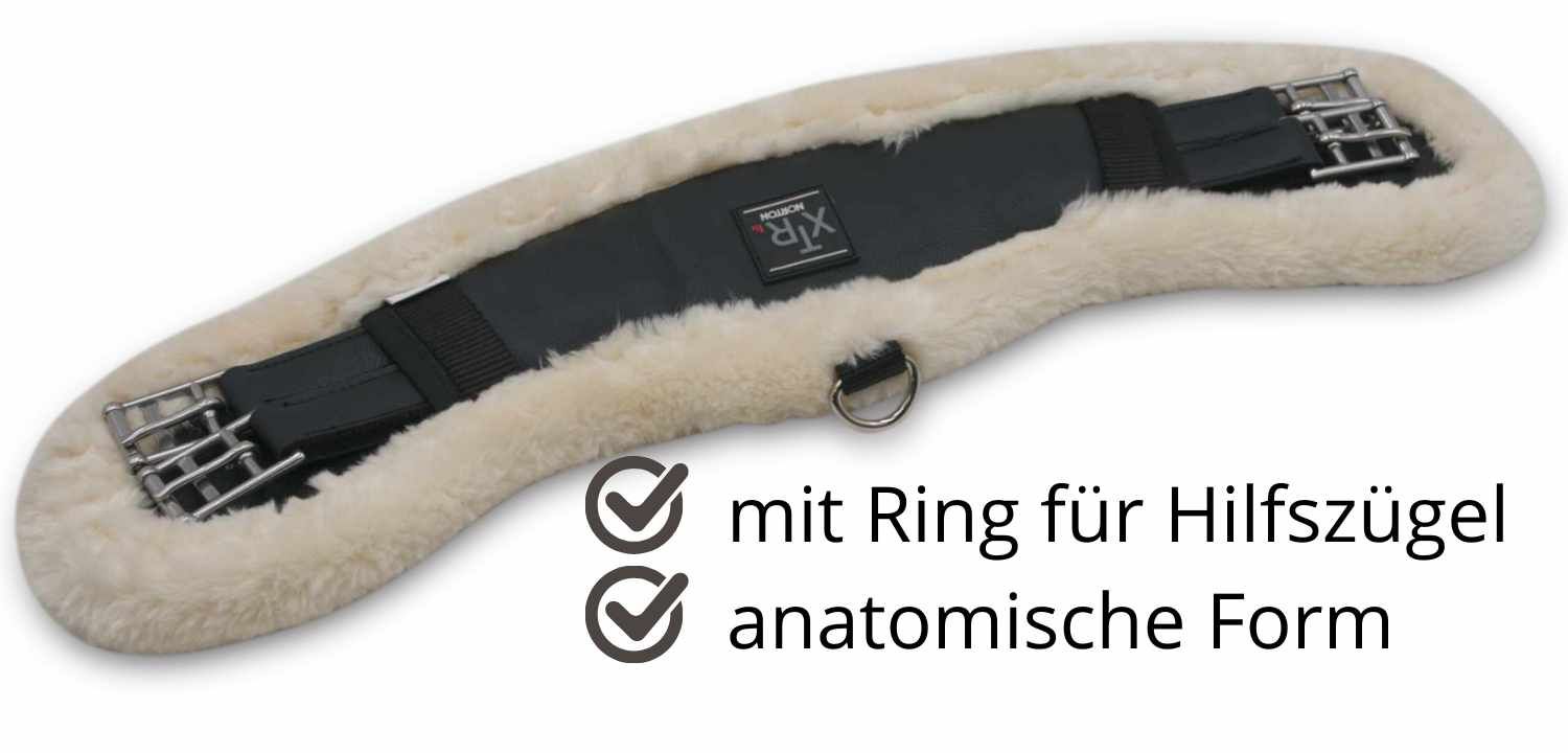 Kurzgurt XTR mit Lammfell. Schwarzes Mittelteil, silberne Schnallen, D-Ring. Text: mit Ring für Hilfszügel, anatomische Form.
