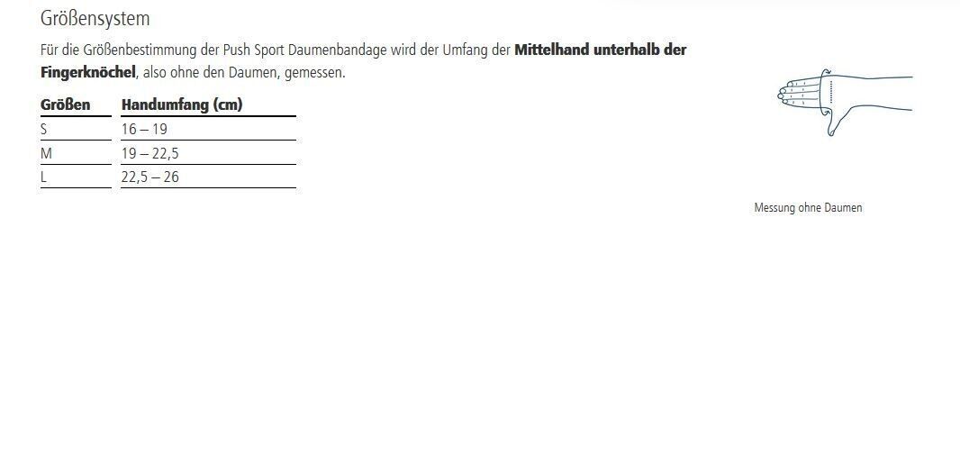 Größentabelle für Daumenbandage. Größen S, M, L. Handumfang in cm. Illustration der Hand zur Messung.