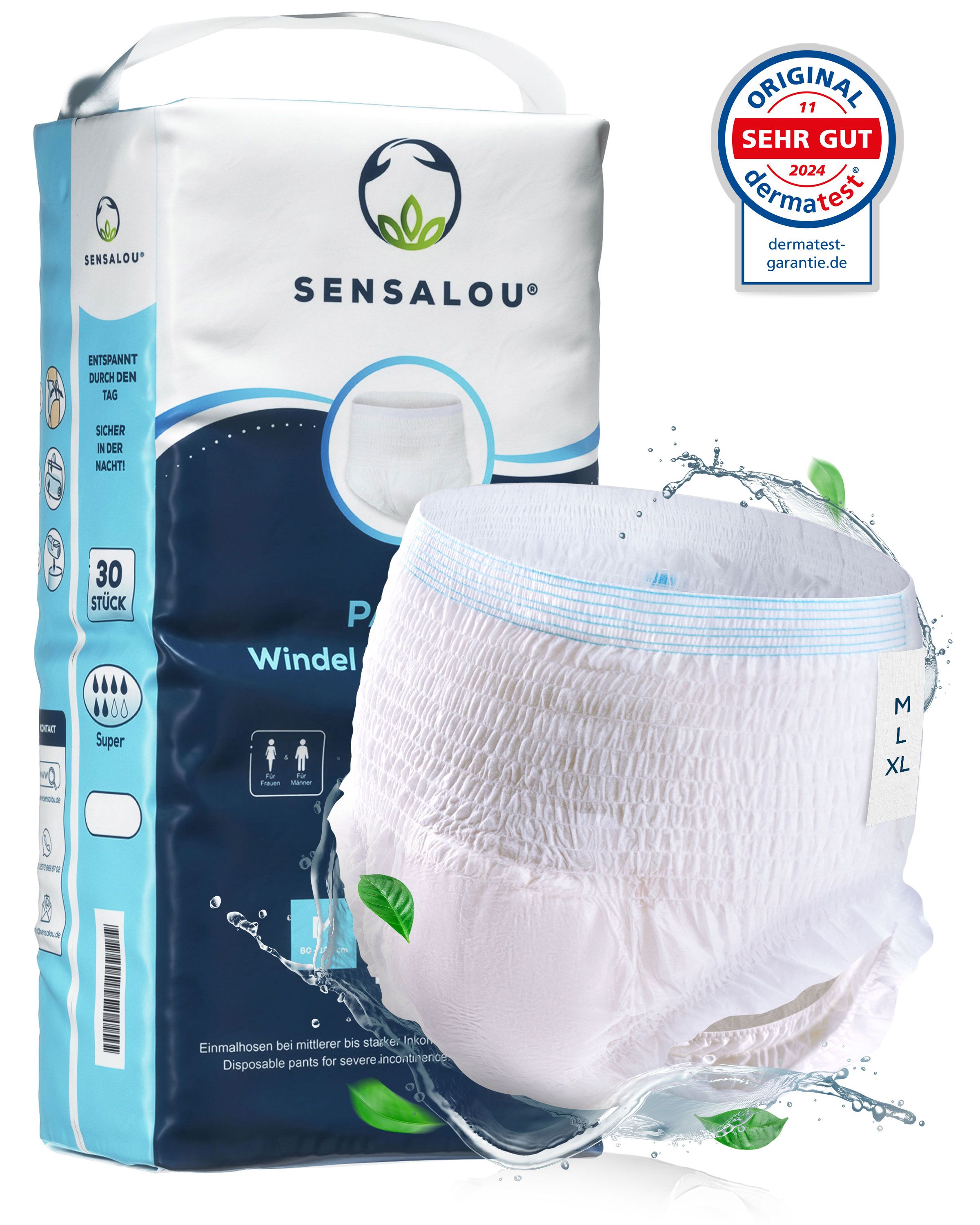 Windelhose Sensalou Super XL. Verpackung mit 30 Stück. Dermatest-Siegel. Produktabbildung.