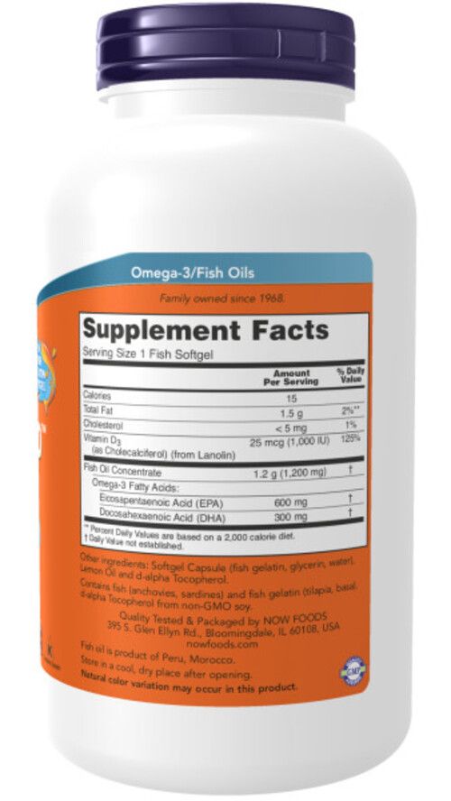 Rückseite der Flasche. Orangefarbenes Etikett mit Nährwertangaben. Enthält Omega-3-Fettsäuren. Hergestellt von NOW Foods.