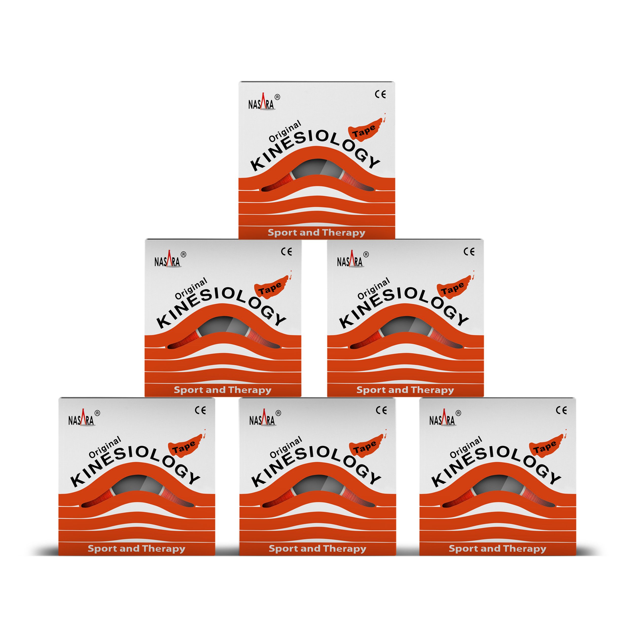 Sechs Boxen mit Schriftzug. CE-Kennzeichnung. Orangefarbene Streifen.