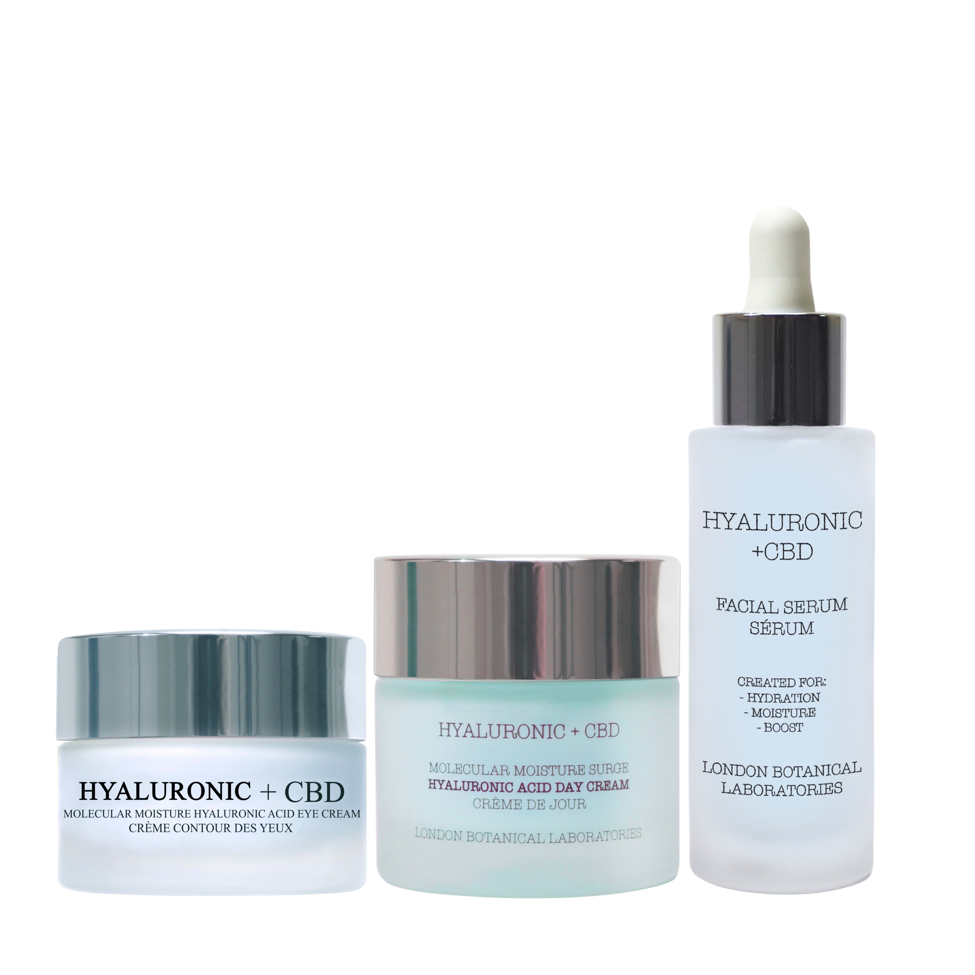 London Botanical Laboratories Hyaluronic + CBD Gesichtscreme, Augencreme und Serum.