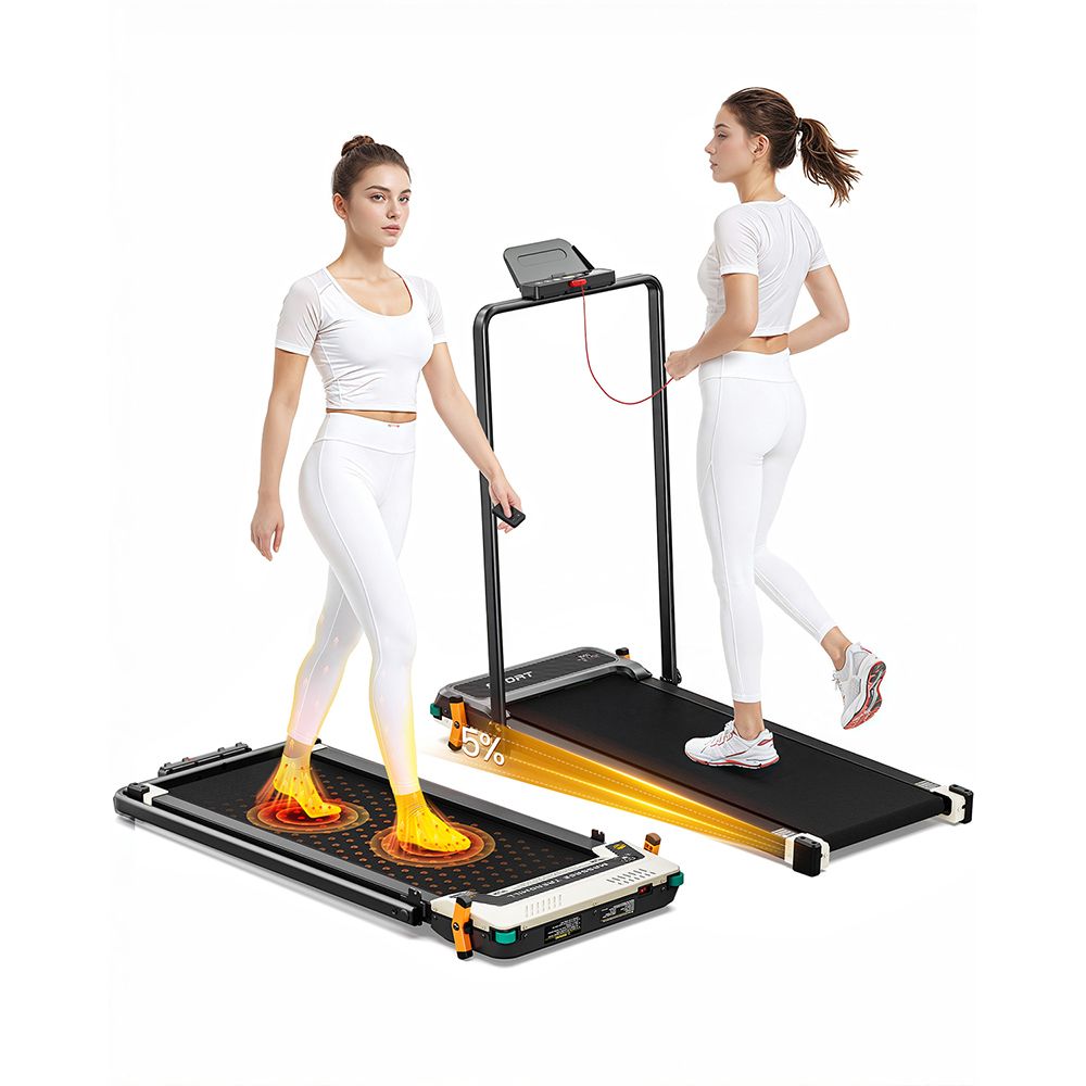 Zwei Personen trainieren auf Laufbändern. Eines hat eine Massagefunktion. Das andere hat ein Display und eine Haltestange.