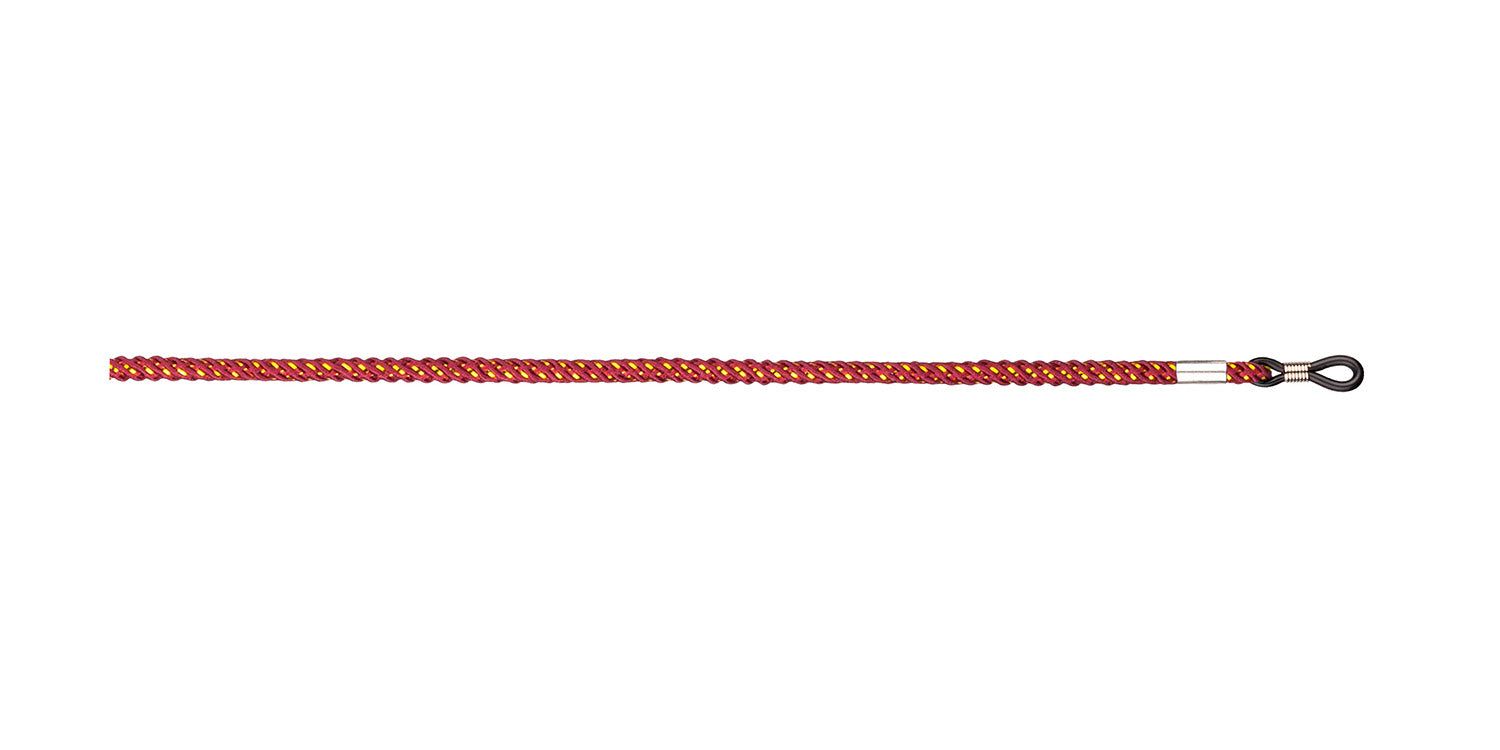 Rotes Brillenband, horizontal. Geflochtenes Seil mit Metallenden und Schlaufen für Brillenbügel. Weißer Hintergrund.