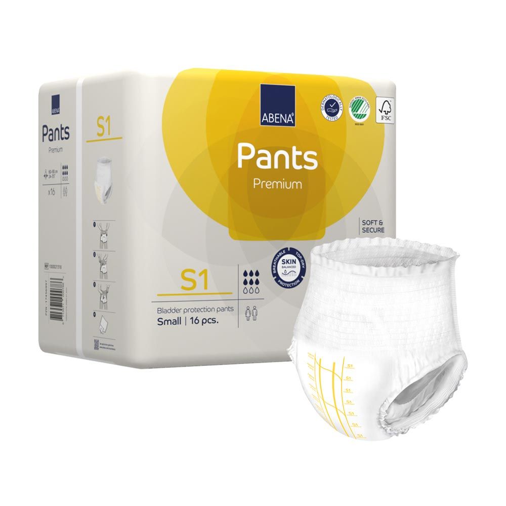 Abena Pants Premium S1 Packung und eine einzelne Windelhose. Verpackung mit Produktname, Logo, FSC-Siegel. Windelhose daneben.