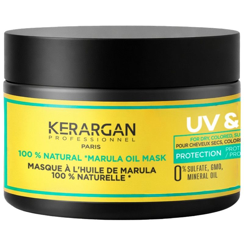 Schwarzer Tiegel mit gelbem Etikett. Aufschrift: KERARGAN, UV-Schutz, Marulaöl Maske. 0% Sulfate, GMO, Mineralöl.