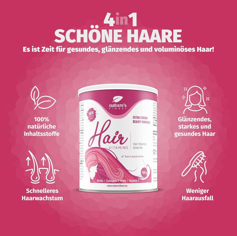Dose "Hair Vitamins" mit Infografiken. Rosa Hintergrund, Produktname und Inhaltsstoffe.