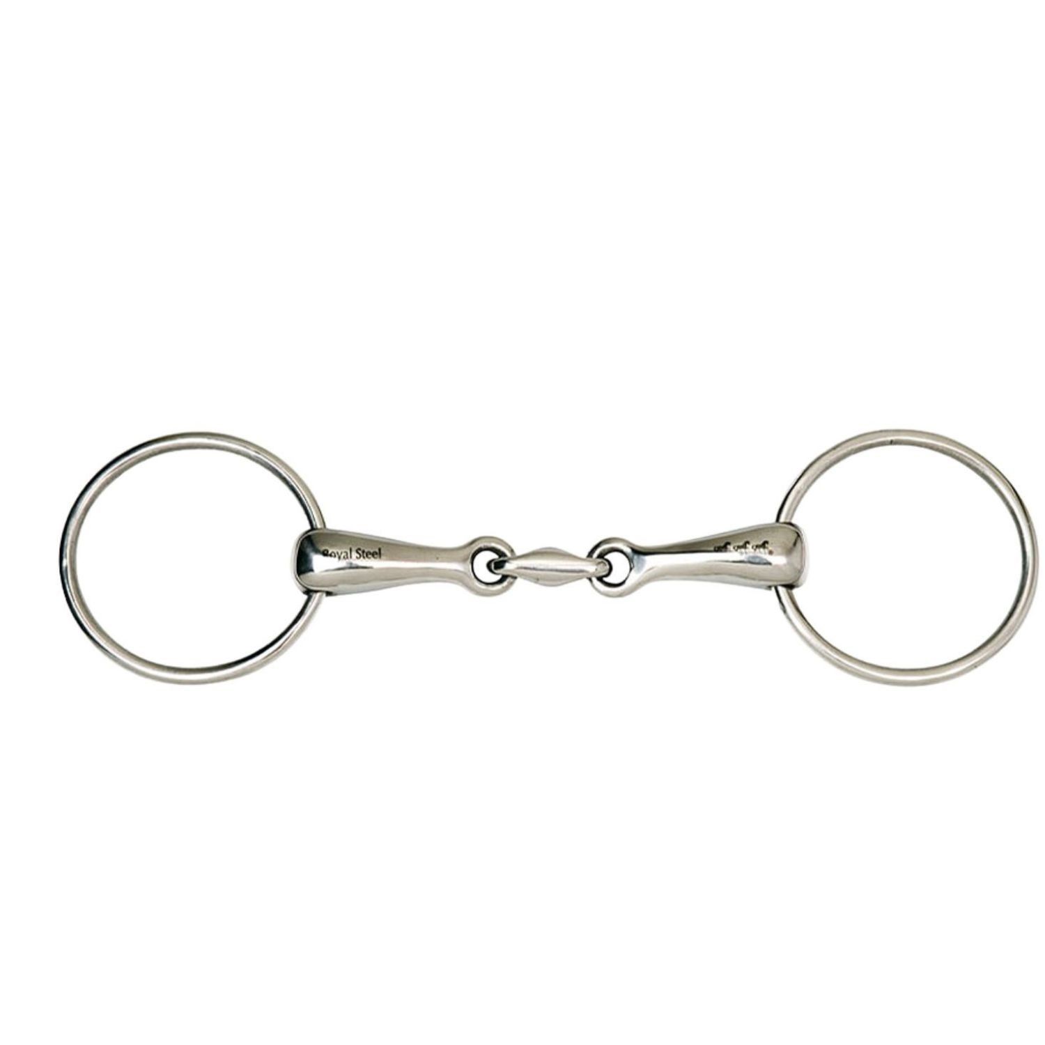 Gebiss Wassertrense aus Edelstahl. Zwei Ringe mit Mundstück verbunden. Auf dem Mundstück ist "Stainless Steel" eingraviert.