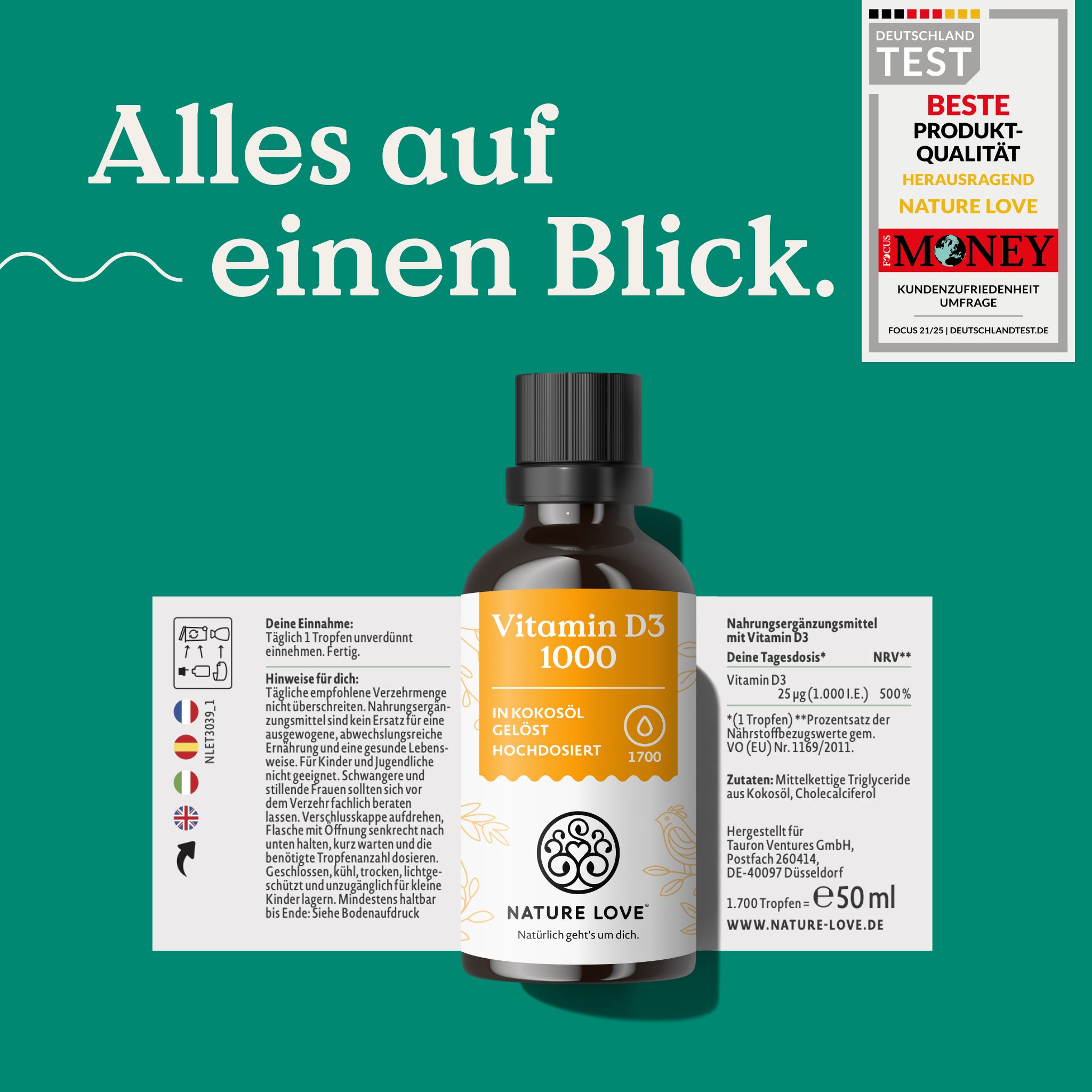 NATURE LOVE® Vitamin D3 1000 I.E. Flasche mit Etikett und Siegel.