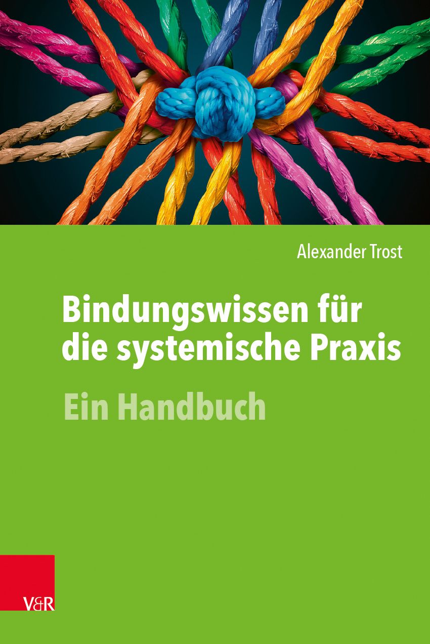 Buchcover: Titel "Bindungswissen für die systemische Praxis". Autor: Alexander Trost. Verlag: V&R. Hintergrund: grüne Fläche mit farbigen Seilen.