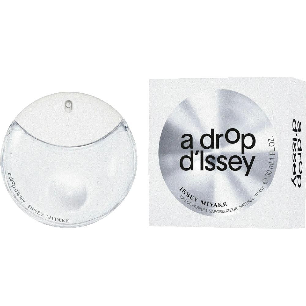 Runder Flakon mit weißem Deckel, daneben Verpackung mit Logo "a drop d'Issey" und Schriftzug "Issey Miyake".