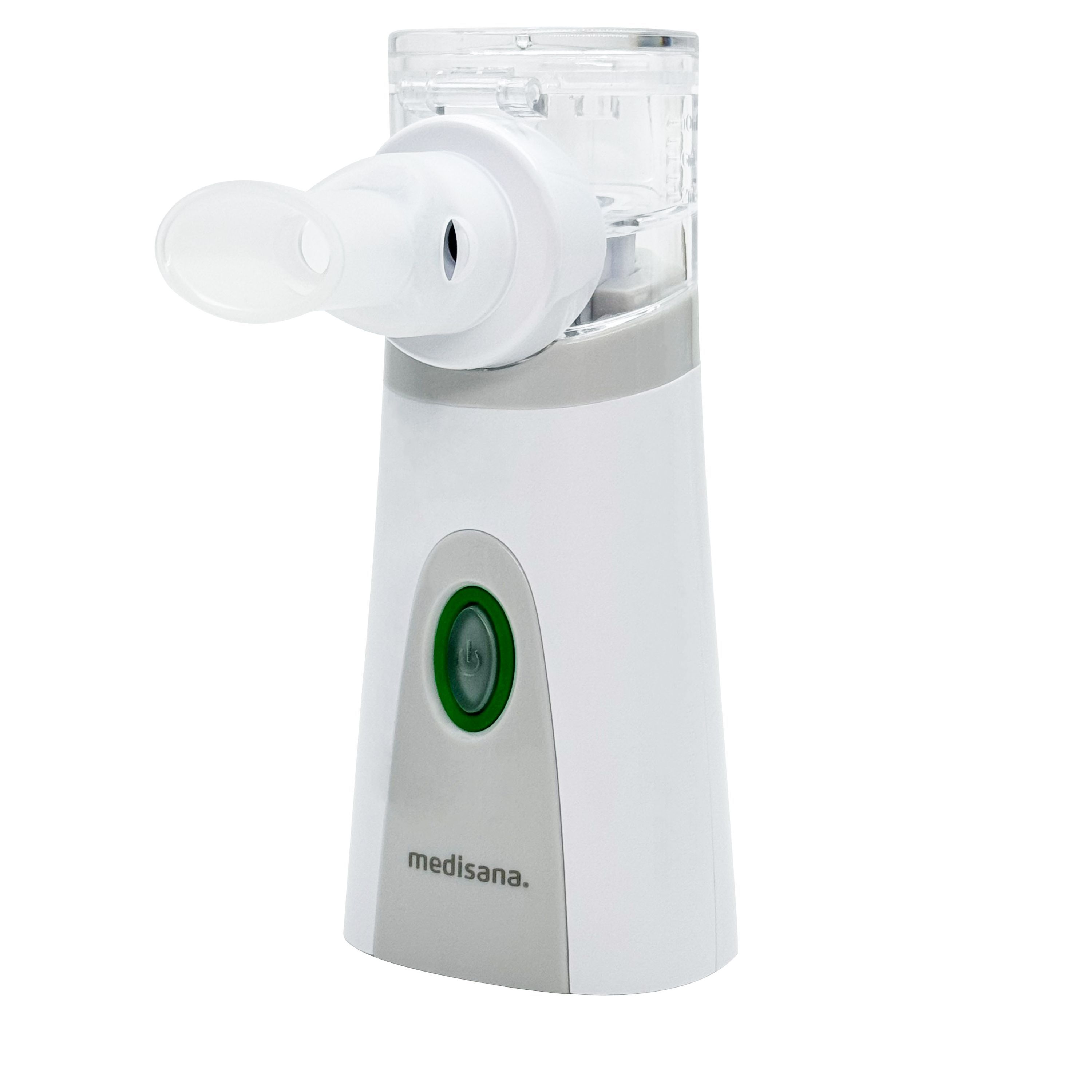 Inhalator mit Mundstück. Weißes Gehäuse mit grauem Akzent und grünem Knopf. Marke: medisana.