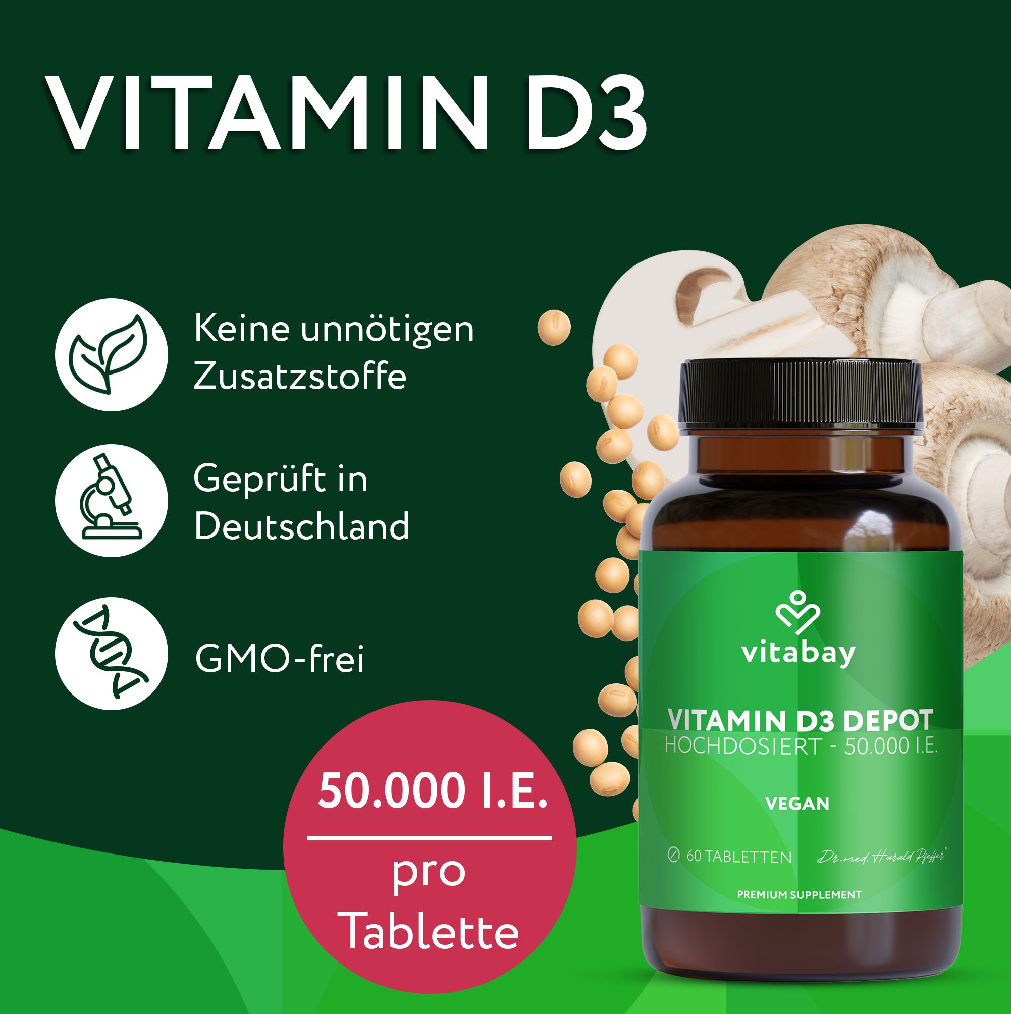 Vitabay Vitamin D3 Depot 50.000 I.E. Flasche mit Pilzen und Kapseln.