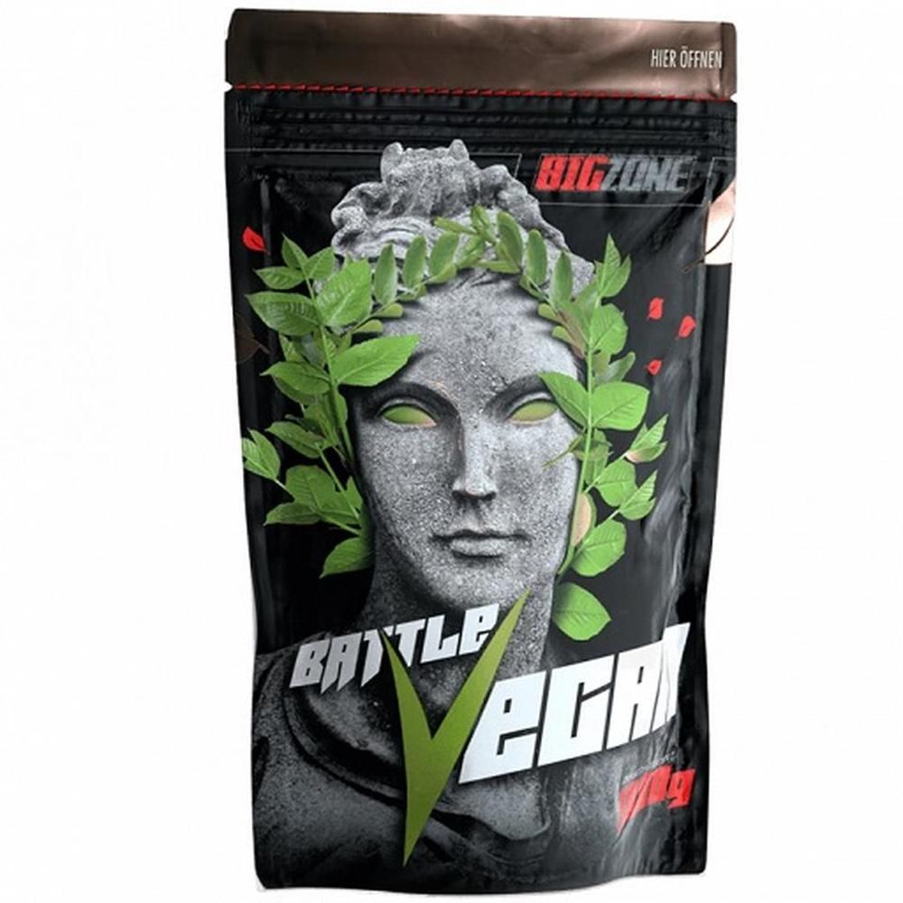 Schwarze Verpackung mit Statue und Blättern. Schriftzug: Battle Vegan. Aufschrift: Hier öffnen.