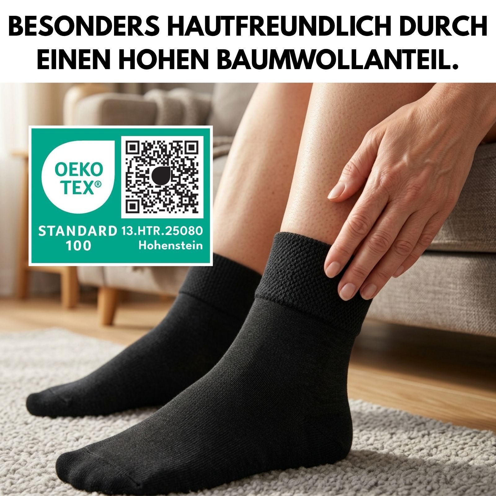 Schwarze Socken mit OEKO-TEX-Zertifizierung, Standard 100.