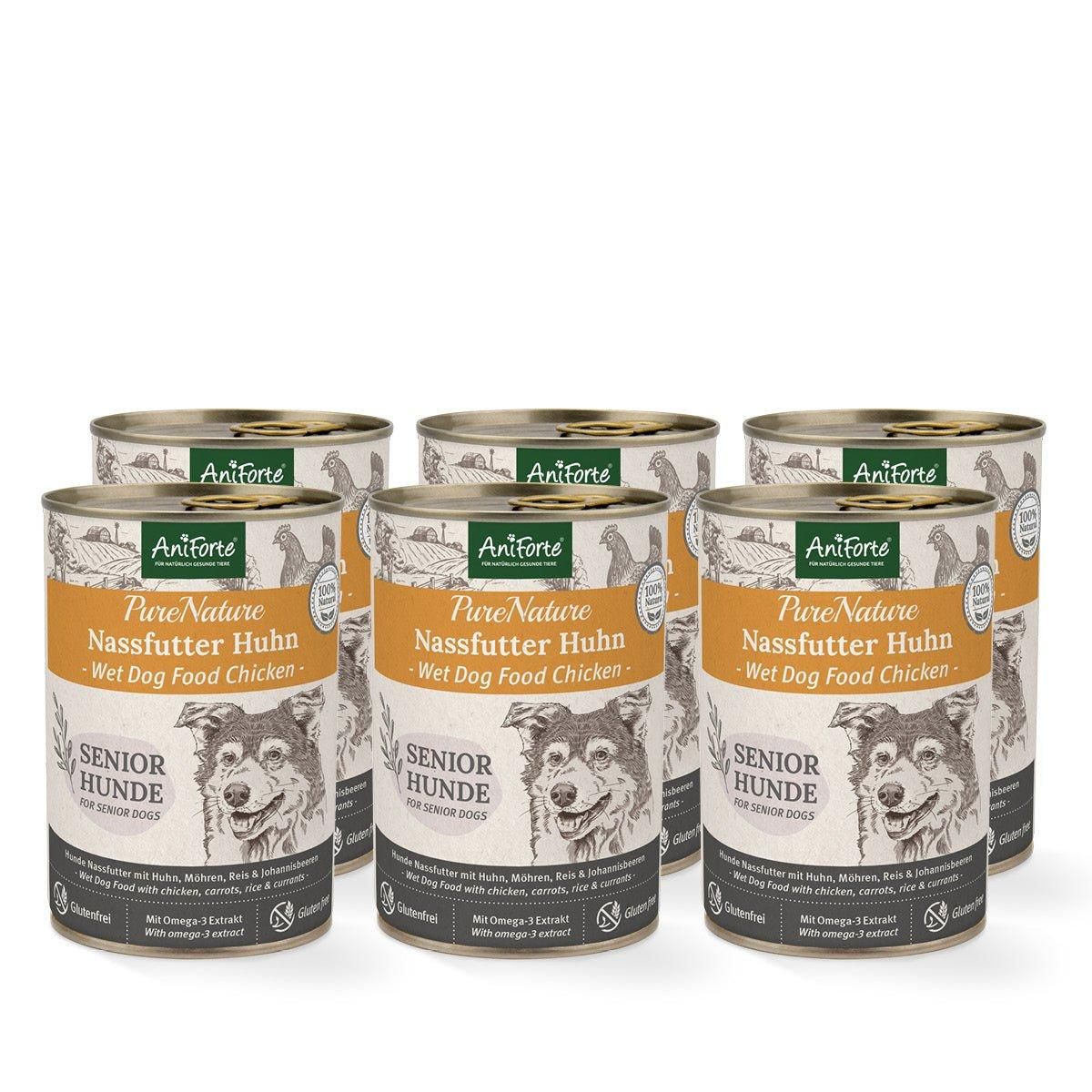 Sechs Dosen Aniforte Nassfutter SENIOR Huhn. Aufschrift: PureNature, Nassfutter Huhn, SENIOR Hunde. Illustration eines Hundes.