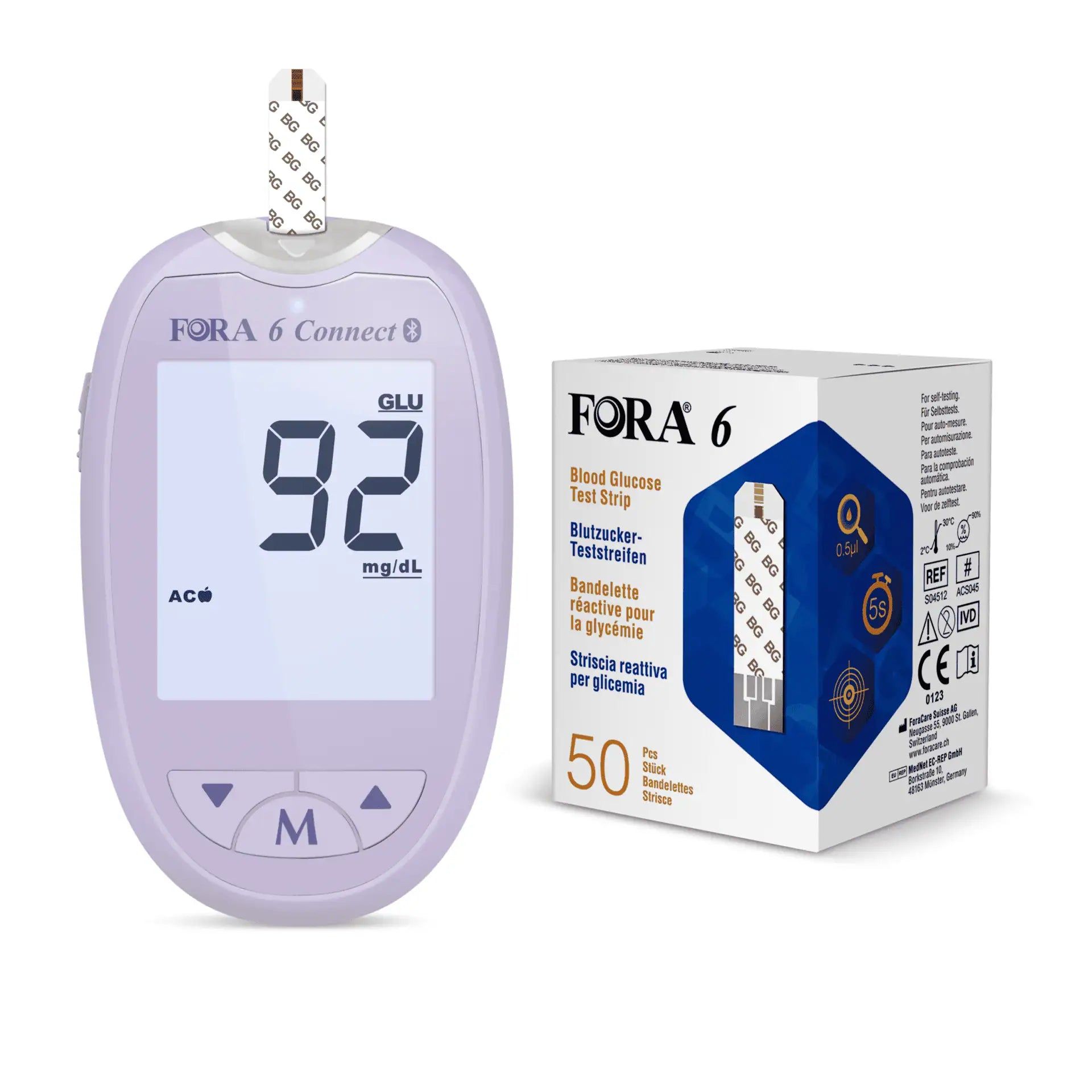 Lila FORA 6 Connect Blutzuckermessgerät mit Teststreifen und Verpackung. Zeigt 92 mg/dl an.