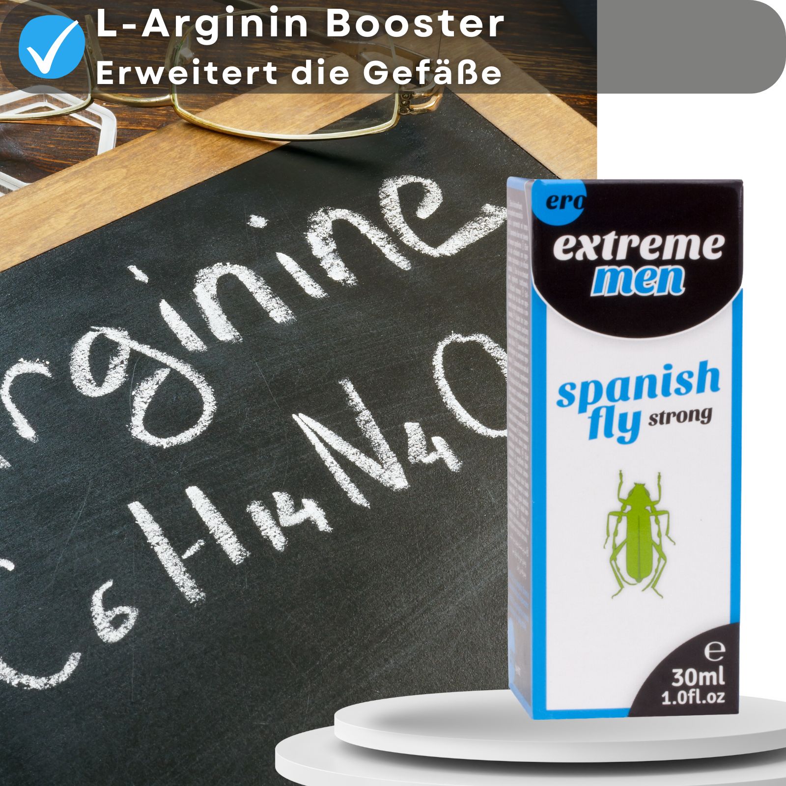 Tafel mit chemischer Formel. Daneben eine Schachtel mit Produktinformationen. Text auf Deutsch.