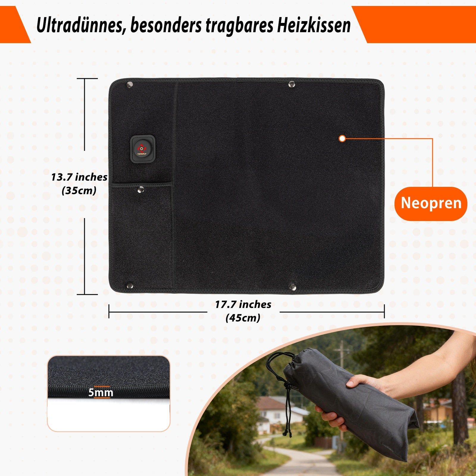 Schwarzes, rechteckiges Heizkissen aus Neopren. Maße: 17,7 x 13,7 Zoll. Mit Bedienfeld und Tasche. Zusammengefaltet in einer schwarzen Tasche.