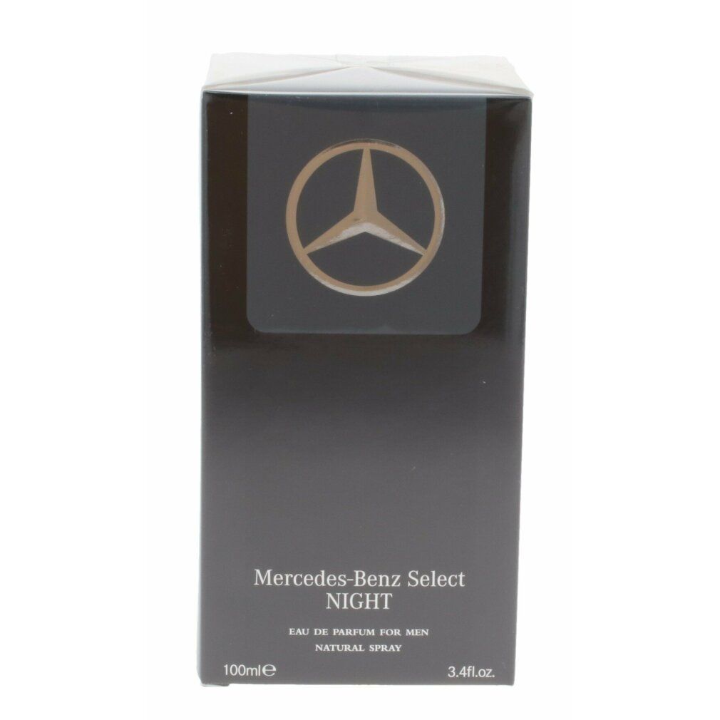 Schwarzer Karton mit Mercedes-Benz Logo und Produktbezeichnung. Text: Mercedes-Benz Select Night Eau de Parfum. 100ml, 3.4 fl.oz.