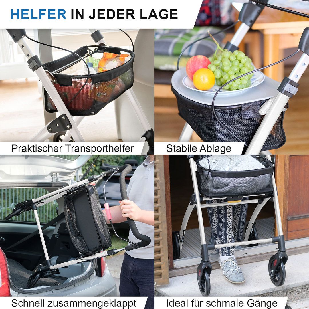 Rollator mit Korb, Tablett, Transportkorb. Zusammengeklappt im Auto, Nutzung im Innenbereich.