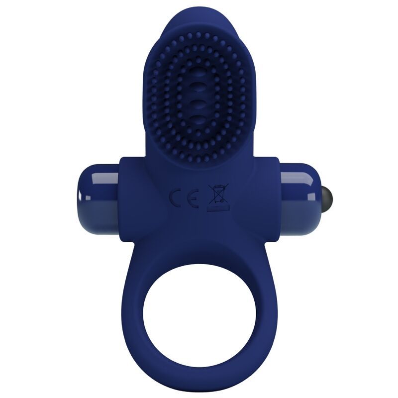 Blauer Penisring mit Vibration. Ringförmige Basis, Aufsatz mit Noppen und zwei seitlichen Elementen. CE-Kennzeichnung.