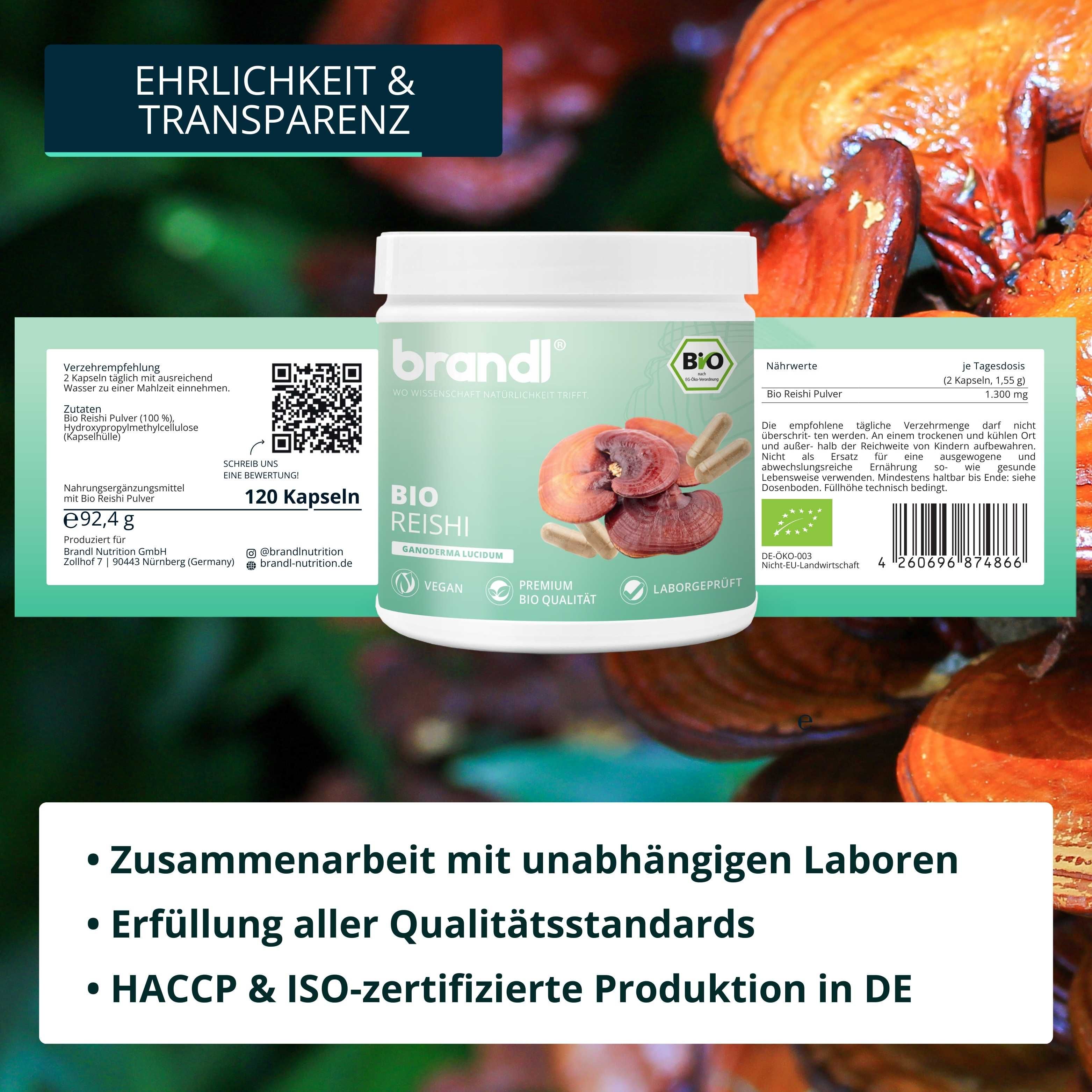 Produktglas mit Etikett und Kapseln. Text: 120 Kapseln, Bio Reishi, vegan. QR-Code. Informationen zur Nährwerte.