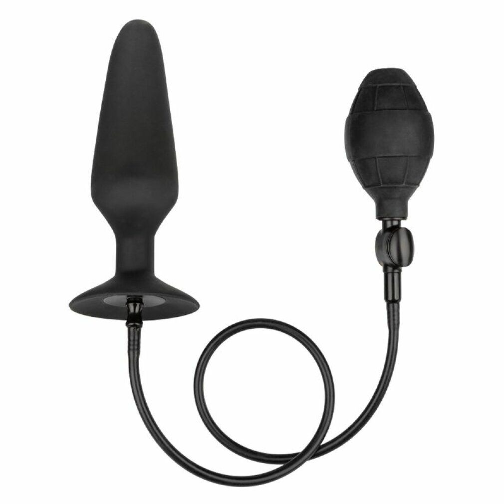 Schwarzer, aufblasbarer Silikon-Plug mit Pumpe. Besteht aus Plug, Basis und Pumpe mit Schlauch.